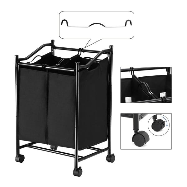 Cesto nero con ruote e 2 segmenti per il bucato - Songmics-image-4