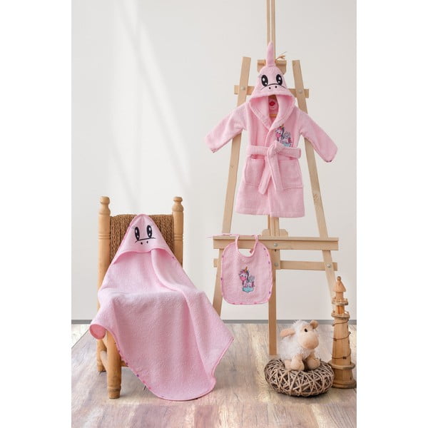 Set di accappatoio e asciugamano da bambini rosa in cotone 3 pz 0-2 anni Unicorn – Foutastic-image-1
