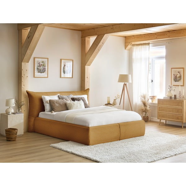 Letto matrimoniale giallo imbottito con spazio contenitivo con griglia inclusa 160x200 cm Jade – Bobochic Paris-image-1