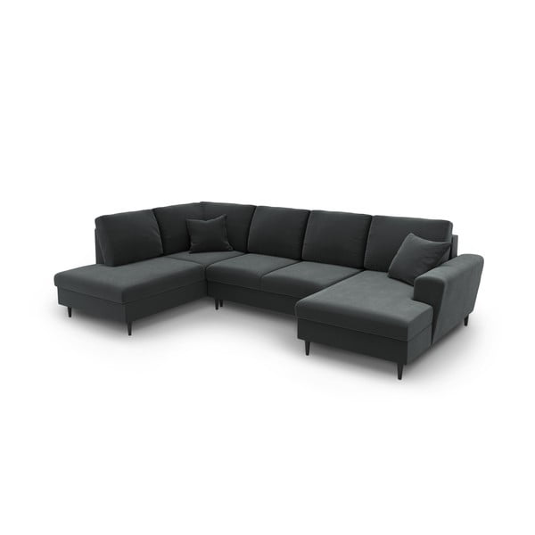 Divano angolare grigio scuro allungabile e con contenitore (con penisola a sinistra/a U) con rivestimento in velluto Kyoto – Cosmopolitan Design-image-1