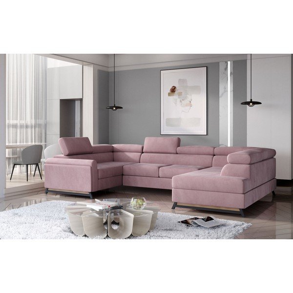 Divano angolare rosa allungabile/con contenitore (con penisola a destra/a U) e rivestimento in velluto Escada – ELTAP-image-1