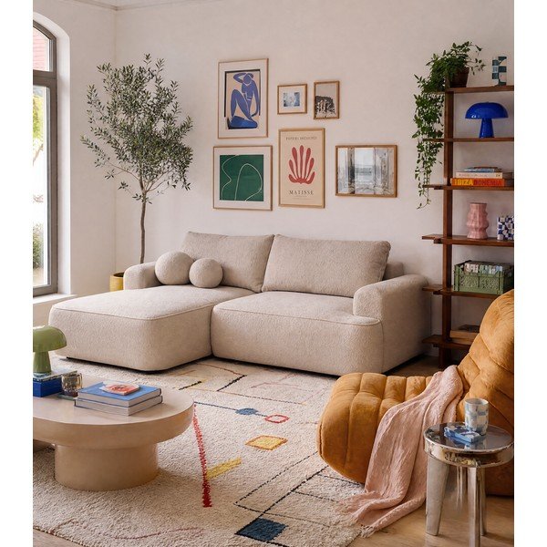 Divano angolare beige allungabile (con penisola a sinistra) con rivestimento in bouclé Quinoa – Bonami Selection-image-1