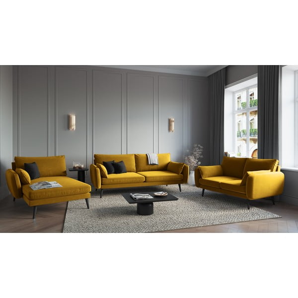 Poltrona lounge in velluto giallo con gambe nere, angolo sinistro Lento - Kooko Home-image-1