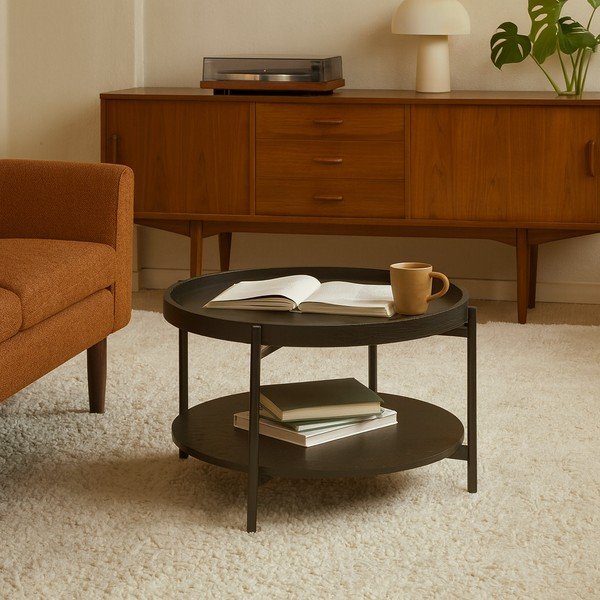 Tavolino da salotto rotondo nero con effetto rovere ø 64 cm Hagen – Bonami Essentials-image-4