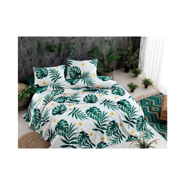 Set di copriletto, lenzuolo e 2 federe in cotone Verde, 200 x 235 cm Monstera - Mijolnir