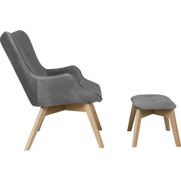 Poltrona con poggiapiedi grigia con rivestimento in velluto Niko – Ropez-image-3