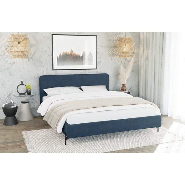 Letto singolo imbottito blu scuro con griglia 90x200 cm Barker - Ropez-image-2
