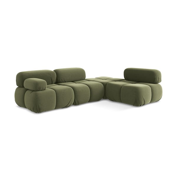 Divano angolare componibile verde chiaro (con penisola a destra) con rivestimento in velluto Lokua – Makamii-image-3
