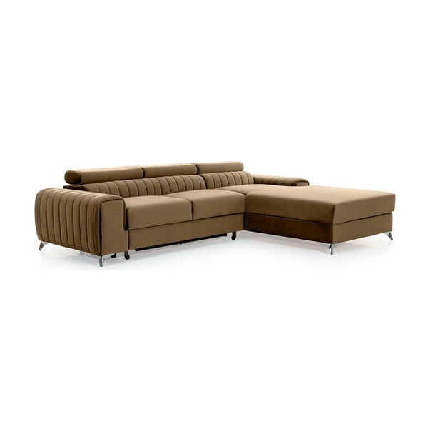Divano angolare marrone chiaro allungabile/con contenitore (con penisola a destra/con chaise lounge) e rivestimento in velluto Grayson – ELTAP-image-2