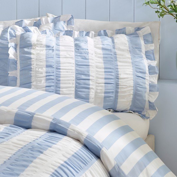 Set copripiumino e federa blu per letto matrimoniale 200x200 cm Seersucker Frill Stripe – Catherine Lansfield-image-2