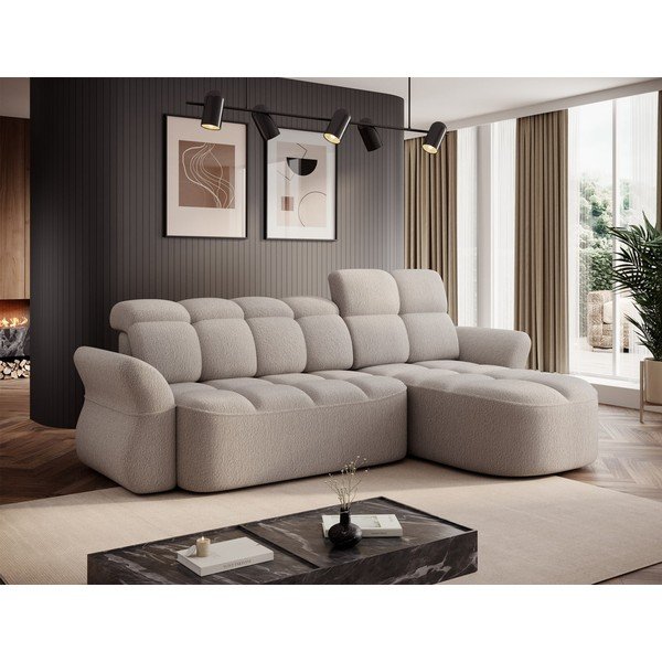 Divano angolare beige allungabile/con contenitore (con penisola a destra/con chaise lounge) e rivestimento in bouclé Beneth – ELTAP-image-1