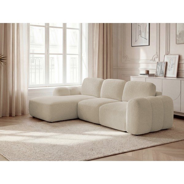 Divano angolare beige allungabile/con contenitore (con penisola a sinistra/con chaise lounge) con rivestimento in bouclé Montaigne – Bobochic Paris-image-1