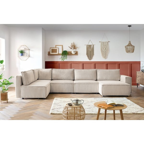 Divano a U angolare in velluto a coste color crema, angolo sinistro Nihad modular - Bobochic Paris-image-1