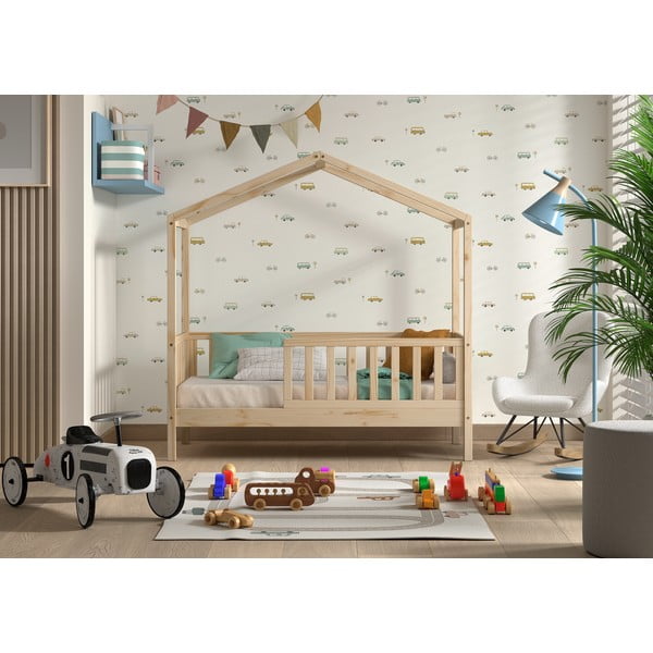 Letto da bambini a forma di casa di colore naturale in pino massiccio con rete inclusa 70x140 cm DALLAS – Vipack-image-3