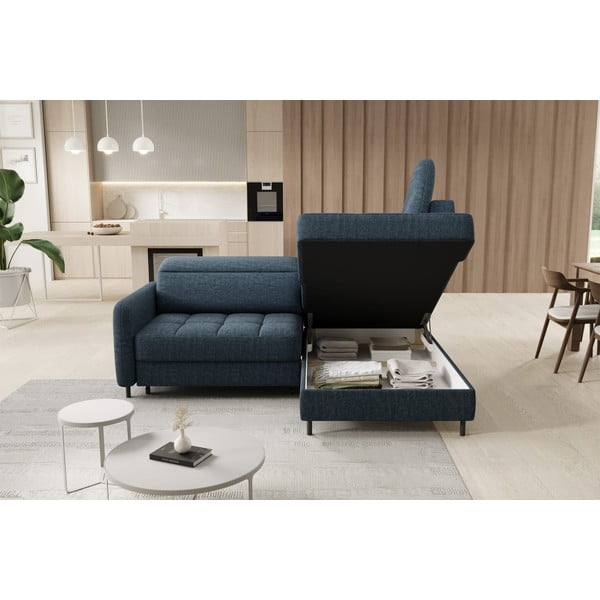 Divano angolare blu allungabile/con contenitore (con penisola a destra/a L) e rivestimento in velluto Barea – ELTAP-image-4