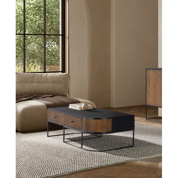 Tavolino da salotto di colore naturale in mango massiccio 60x120 cm Curve – MOME-image-1