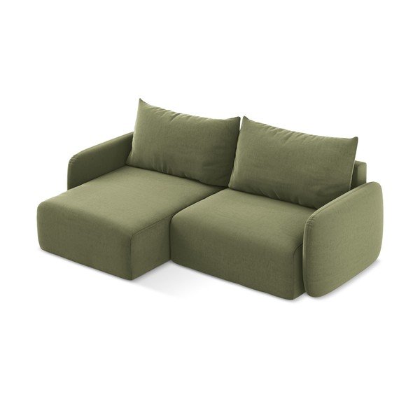Divano angolare verde allungabile/con contenitore (con penisola a sinistra/con chaise lounge) con rivestimento in velluto Kalena – Makamii-image-3