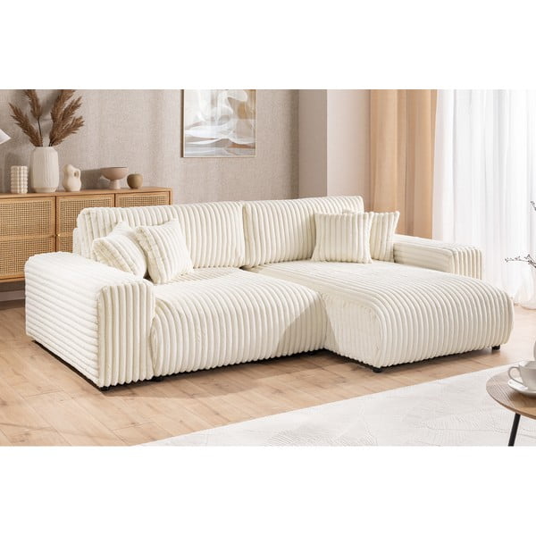 Divano angolare con penisola a destra color crema e rivestimento in velluto a coste allungabile e con contenitore Sarina – Ropez-image-4