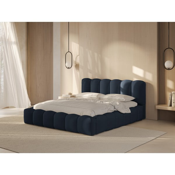 Letto matrimoniale imbottito in blu scuro con contenitore con rete inclusa 200x200 cm Lupine – Micadoni -image-1