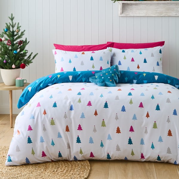 Biancheria da letto singola in microfibra bianca e blu 135x200 cm Christmas Tree - Catherine Lansfield