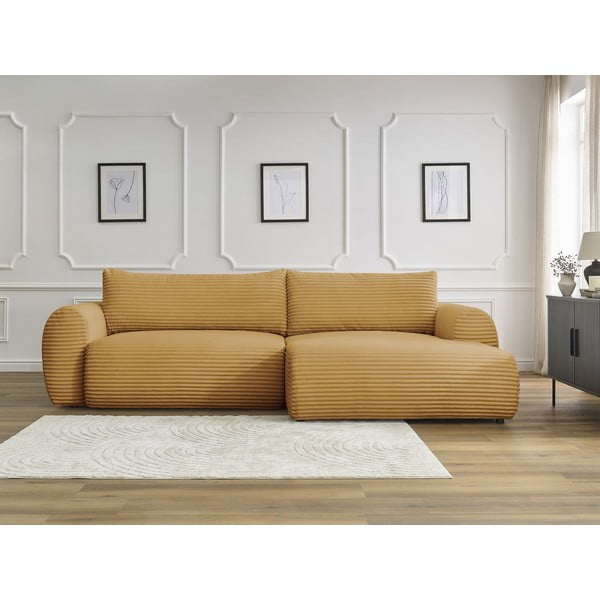 Divano angolare color senape allungabile (con penisola a destra) con rivestimento in velluto a coste Lucien – Bobochic Paris-image-1