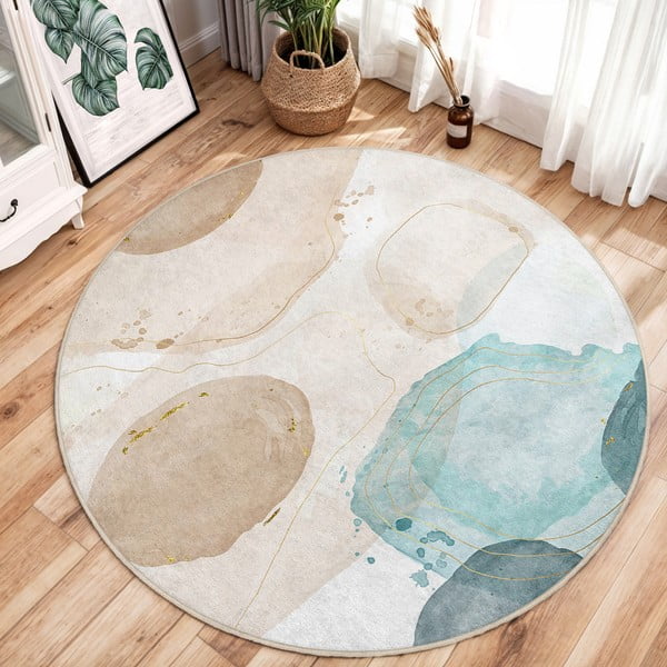 Tappeto rotondo blu/beige lavabile ø 120 cm Puddle – Mila Home-image-1