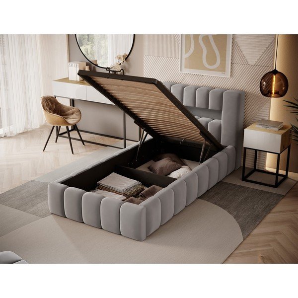 Letto singolo imbottito grigio con contenitore con rete inclusa 90x200 cm Lamica – ELTAP-image-2