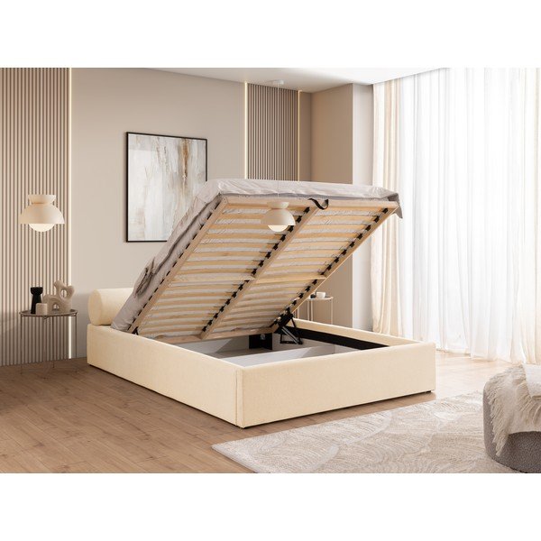 Letto matrimoniale imbottito color crema con contenitore con rete inclusa 140x200 cm Cille – Ropez-image-4