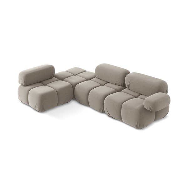 Divano angolare componibile beige (con penisola a sinistra) con rivestimento in velluto Lokua – Makamii-image-1
