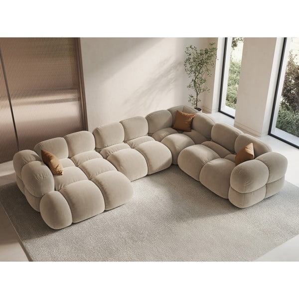 Divano angolare beige (con penisola a destra/a U) con rivestimento in velluto Loretto – Cosmopolitan Design-image-1