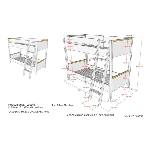 Letto a castello bianco per bambini , 90 x 200 cm London - Vipack-image-2