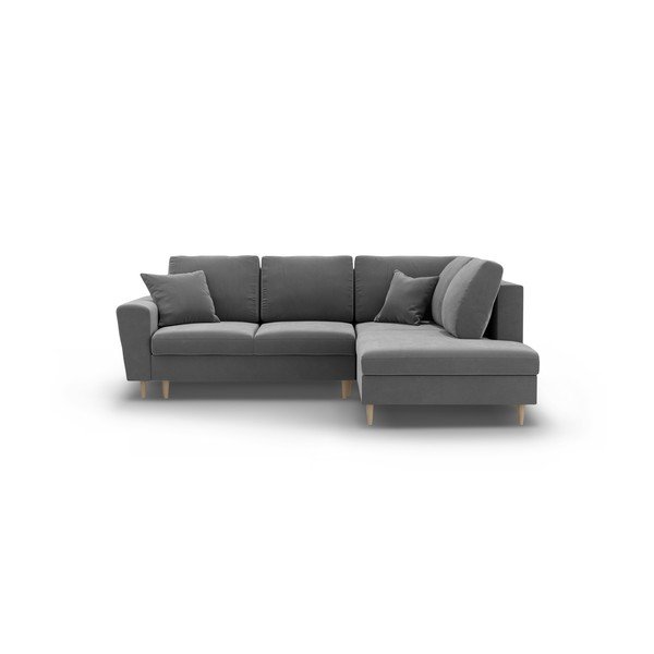 Divano angolare grigio chiaro allungabile e con contenitore (con penisola a destra/a L) con rivestimento in velluto Kyoto – Cosmopolitan Design