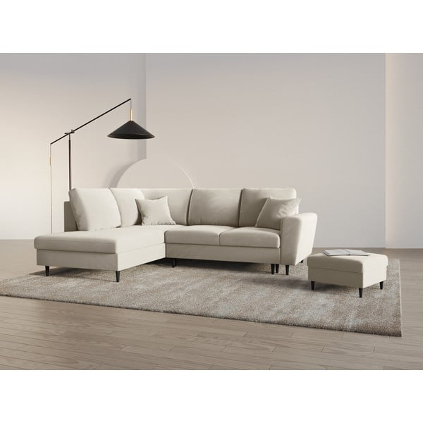 Divano angolare beige allungabile e con contenitore (con penisola a sinistra/a L) con rivestimento in velluto Kyoto – Cosmopolitan Design-image-2