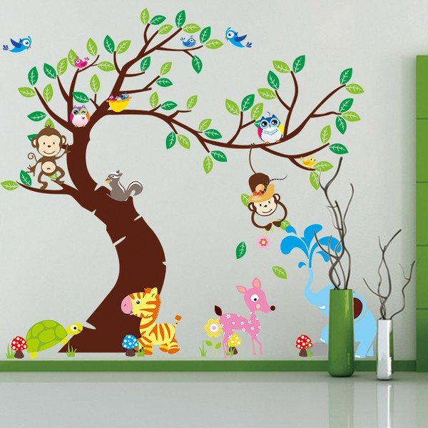 Set di adesivi murali per bambini Albero, Scimmie ed Elefante - Ambiance-image-1
