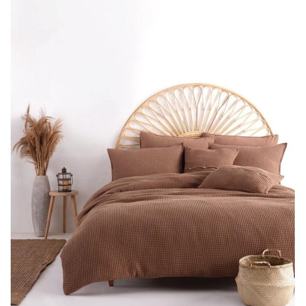 Set copripiumino e federa marrone in cotone renforcé per letto singolo 140x200 cm Waffle Striped – Mila Home Luxury-image-2