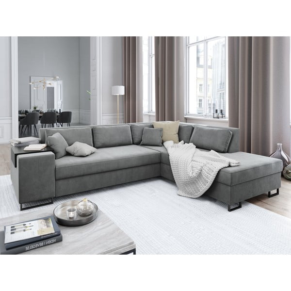 Divano letto angolare in velluto grigio chiaro, angolo destro York - Cosmopolitan Design-image-1
