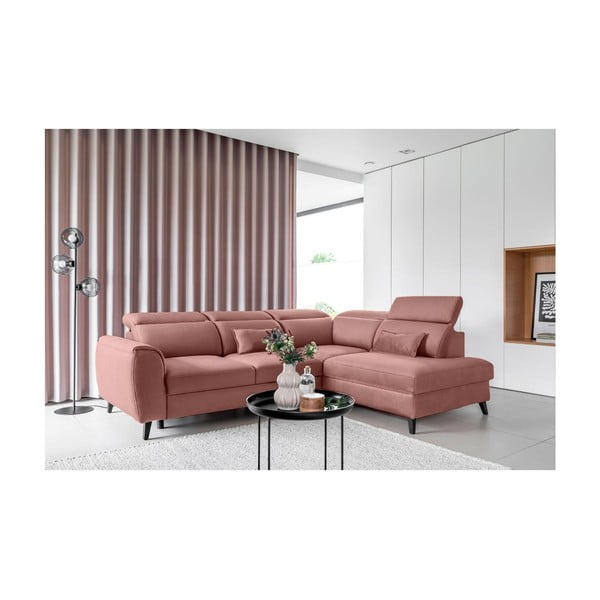 Divano angolare rosa allungabile/con contenitore (con penisola a destra/a L) e rivestimento in velluto Noble – ELTAP-image-1