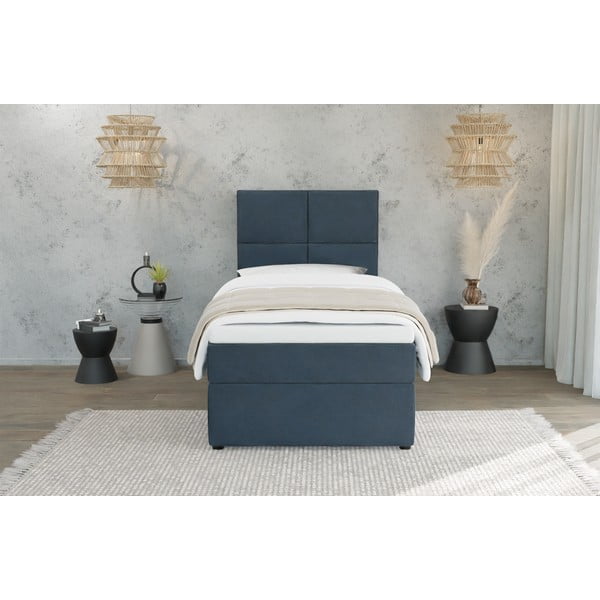 Letto singolo imbottito con contenitore blu scuro con materasso e topper inclusi 80x200 cm Lena – Ropez-image-2