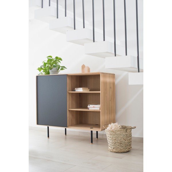 Cassettiera bassa nera-colore naturale in rovere 118x100 cm Fina - Gazzda-image-1