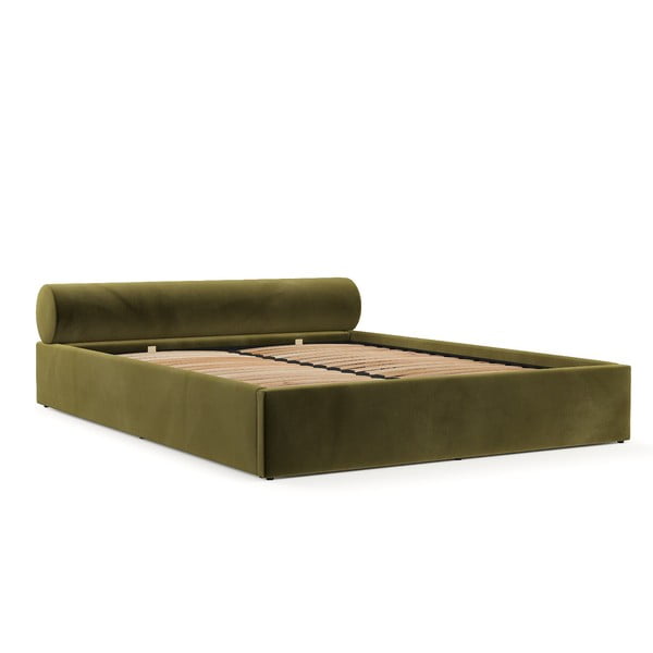 Letto matrimoniale imbottito verde scuro con contenitore e rete inclusi 160x200 cm Solvo – Maison de Rêve