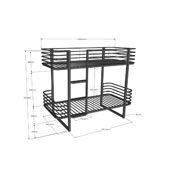 Letto da bambini a castello nero in metallo con rete inclusa 90x200 cm Oscar – Vipack-image-2