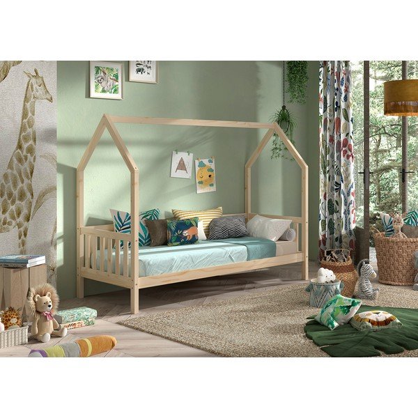 Letto da bambini a forma di casa di colore naturale in pino massiccio con rete inclusa 90x200 cm Cabane – Vipack-image-1