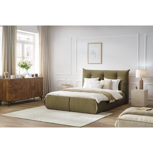 Letto matrimoniale imbottito verde scuro con contenitore con griglia 160x200 cm Clothilde - Bobochic Paris-image-1