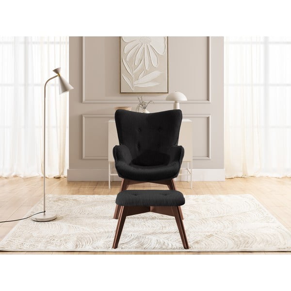 Poltrona con poggiapiedi nera con rivestimento in velluto a coste Niko – Ropez-image-1