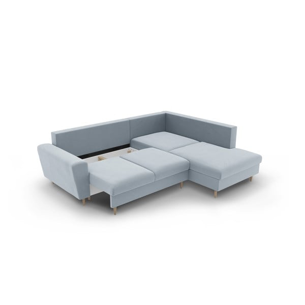 Divano angolare azzurro allungabile e con contenitore (con penisola a destra/a L) con rivestimento in velluto Kyoto – Cosmopolitan Design-image-3