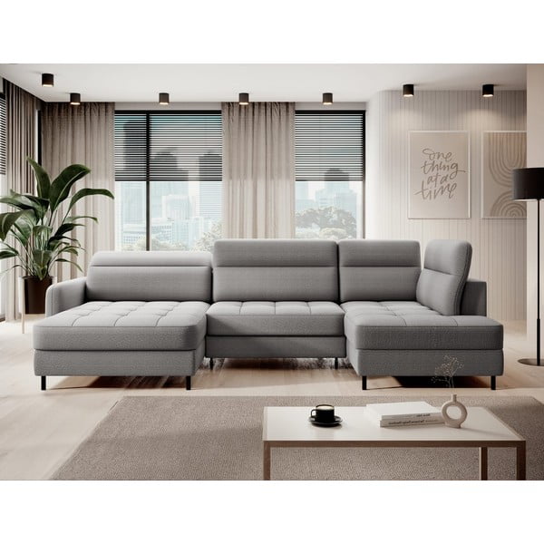 Divano angolare grigio chiaro allungabile/con contenitore (con penisola a destra/a U) e rivestimento in velluto Berrto – ELTAP-image-1