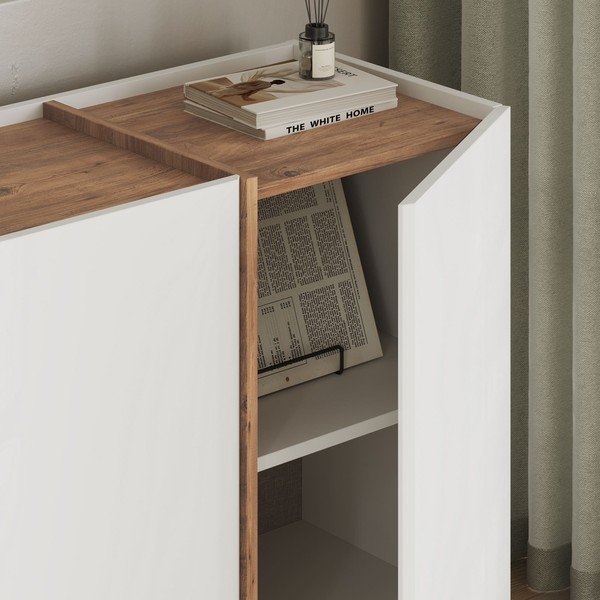 Credenza bianca con effetto pino con apertura per cavi 180x80x45 cm Dorma – Kalune Design-image-4