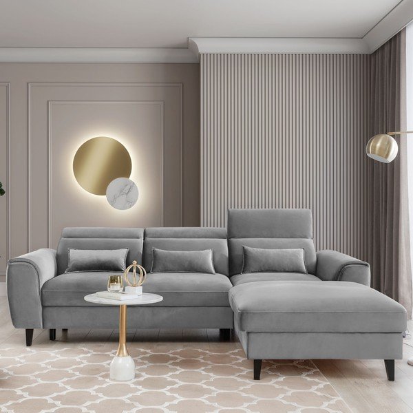 Divano angolare grigio allungabile/con contenitore (con penisola a destra/con chaise lounge) e rivestimento in velluto Foble – ELTAP-image-1