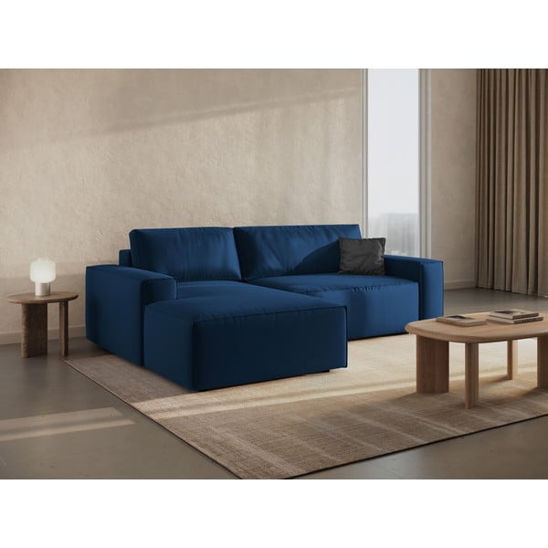 Divano angolare blu scuro allungabile/con contenitore (con penisola a sinistra/con chaise lounge) con rivestimento in velluto Jodie – Micadoni -image-1