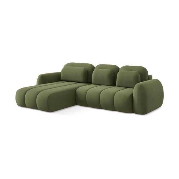 Divano angolare verde allungabile/con contenitore (con penisola a sinistra/con chaise lounge) con rivestimento in bouclé Pele – Makamii-image-1